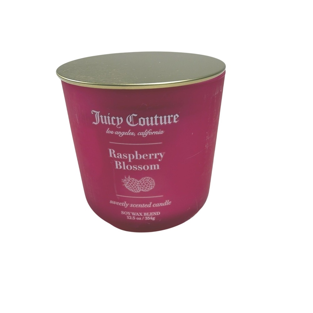 Juicy Couture Raspberry Blossom Scented Soy‎ Wax Blend Candle 12.5 oz Pink Glass